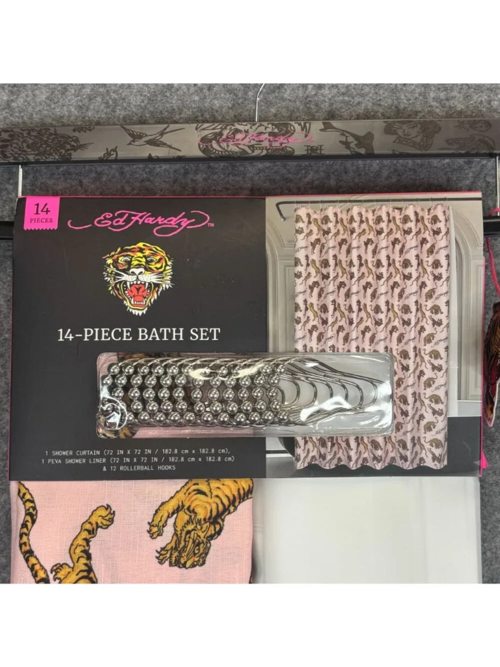 Ed Hardy 14 Piece Bath Set w Shower Curtain Liner w Hooks Pink Tiger Design
